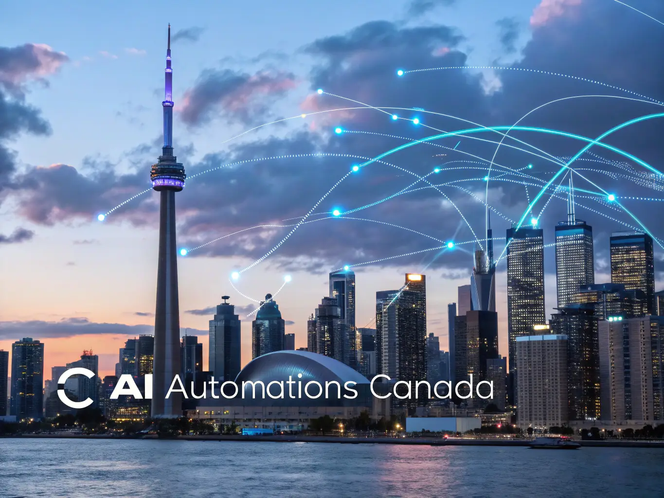 A futuristic cityscape with glowing lines representing data flow and AI connections, symbolizing the advanced technology behind Crownx's AI asset management platform.